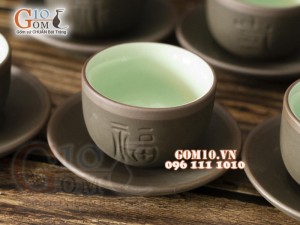 Bộ ấm chén gốm tử sa tống Phúc - Lộc - Thọ, men rêu 350ml