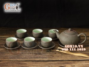Bộ ấm chén gốm tử sa tống Phúc - Lộc - Thọ, men rêu 350ml