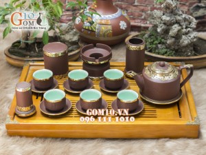 Bộ Ấm Chén Gốm Vai vuông Phúc - Lộc - Thọ, Bọc Đồng, Đầy Đủ Phụ Kiện