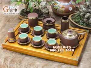 Bộ Ấm Chén Gốm Vai vuông Phúc - Lộc - Thọ, Bọc Đồng, Đầy Đủ Phụ Kiện