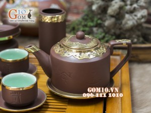 Bộ Ấm Chén Gốm Vai vuông Phúc - Lộc - Thọ, Bọc Đồng, Đầy Đủ Phụ Kiện