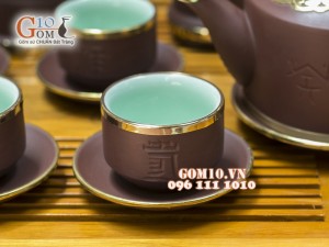Bộ Ấm Chén Gốm Vai vuông Phúc - Lộc - Thọ, Bọc Đồng, Đầy Đủ Phụ Kiện