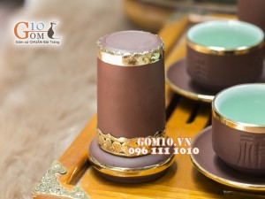 Bộ Ấm Chén Gốm Vai vuông Phúc - Lộc - Thọ, Bọc Đồng, Đầy Đủ Phụ Kiện