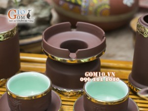 Bộ Ấm Chén Gốm Vai vuông Phúc - Lộc - Thọ, Bọc Đồng, Đầy Đủ Phụ Kiện