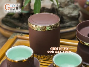 Bộ Ấm Chén Gốm Vai vuông Phúc - Lộc - Thọ, Bọc Đồng, Đầy Đủ Phụ Kiện