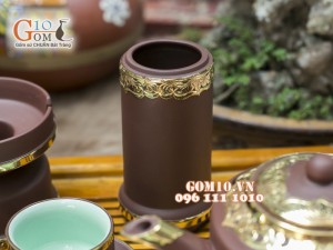 Bộ Ấm Chén Gốm Vai vuông Phúc - Lộc - Thọ, Bọc Đồng, Đầy Đủ Phụ Kiện