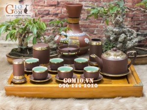Bộ Ấm Chén Gốm Vai vuông Phúc - Lộc - Thọ, Bọc Đồng, Đầy Đủ Phụ Kiện
