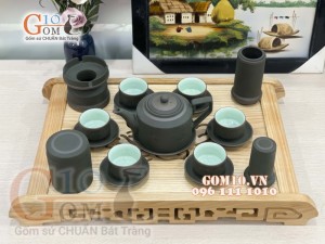 Bộ Ấm Chén Gốm Vai vuông Phúc - Lộc - Thọ Rêu - đầy đủ phụ kiện