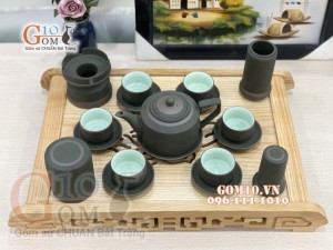 Bộ Ấm Chén Gốm Vai vuông Phúc - Lộc - Thọ Rêu - đầy đủ phụ kiện