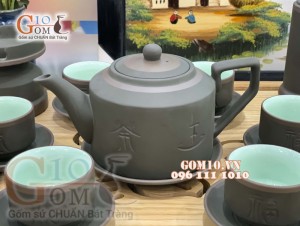 Bộ Ấm Chén Gốm Vai vuông Phúc - Lộc - Thọ Rêu - đầy đủ phụ kiện