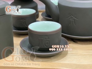 Bộ Ấm Chén Gốm Vai vuông Phúc - Lộc - Thọ Rêu - đầy đủ phụ kiện
