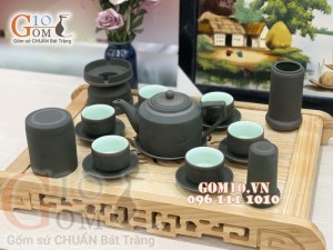 Bộ Ấm Chén Gốm Vai vuông Phúc - Lộc - Thọ Rêu - đầy đủ phụ kiện