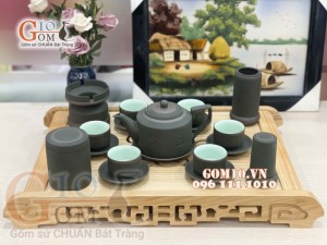 Bộ Ấm Chén Gốm Vai vuông Phúc - Lộc - Thọ Rêu - đầy đủ phụ kiện
