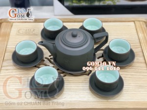 Bộ Ấm Chén Gốm Vai vuông Phúc - Lộc - Thọ Rêu