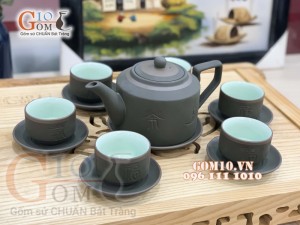 Bộ Ấm Chén Gốm Vai vuông Phúc - Lộc - Thọ Rêu