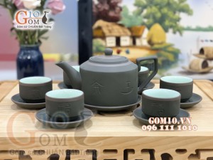 Bộ Ấm Chén Gốm Vai vuông Phúc - Lộc - Thọ Rêu