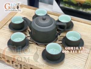 Bộ Ấm Chén Gốm Vai vuông Phúc - Lộc - Thọ Rêu