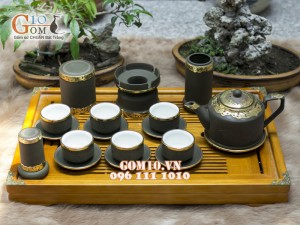 Bộ Ấm Chén Gốm Vai vuông Phúc - Lộc - Thọ Rêu, Bọc Đồng - đầy đủ phụ kiện