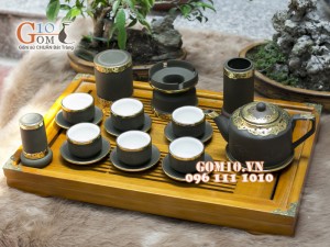 Bộ Ấm Chén Gốm Vai vuông Phúc - Lộc - Thọ Rêu, Bọc Đồng - đầy đủ phụ kiện