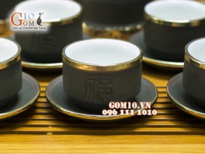 Bộ Ấm Chén Gốm Vai vuông Phúc - Lộc - Thọ Rêu, Bọc Đồng - đầy đủ phụ kiện
