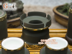 Bộ Ấm Chén Gốm Vai vuông Phúc - Lộc - Thọ Rêu, Bọc Đồng - đầy đủ phụ kiện