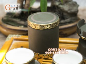 Bộ Ấm Chén Gốm Vai vuông Phúc - Lộc - Thọ Rêu, Bọc Đồng - đầy đủ phụ kiện