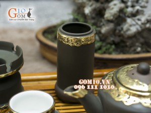 Bộ Ấm Chén Gốm Vai vuông Phúc - Lộc - Thọ Rêu, Bọc Đồng - đầy đủ phụ kiện