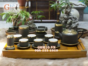 Bộ Ấm Chén Gốm Vai vuông Phúc - Lộc - Thọ Rêu, Bọc Đồng - đầy đủ phụ kiện