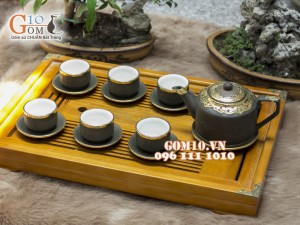 Bộ Ấm Chén Gốm Vai vuông Phúc - Lộc - Thọ Rêu, Bọc Đồng