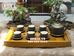 Bộ Ấm Chén Gốm Vai vuông Phúc - Lộc - Thọ Rêu, Bọc Đồng