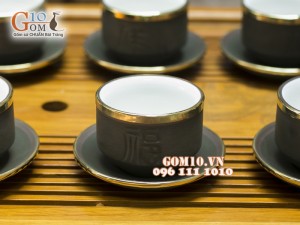 Bộ Ấm Chén Gốm Vai vuông Phúc - Lộc - Thọ Rêu, Bọc Đồng