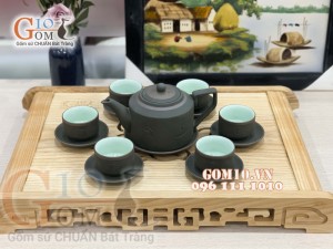 Bộ Ấm Chén Gốm Vai vuông Phúc - Lộc - Thọ Rêu
