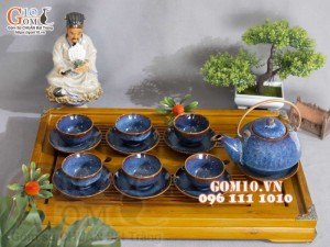 Bộ ấm chén hạt nhỏ men hỏa biến xanh đá 350ml