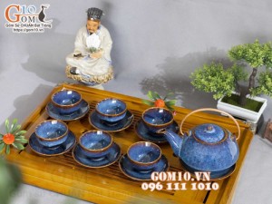 Bộ ấm chén hạt nhỏ men hỏa biến xanh đá 350ml