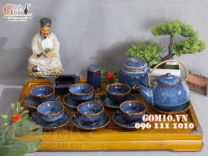 Bộ ấm chén hạt nhỏ men hỏa biến xanh đá, đầy đủ phụ kiện 350ml