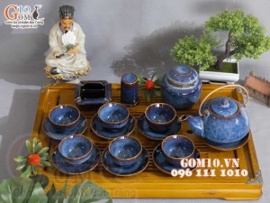 Bộ ấm chén hạt nhỏ men hỏa biến xanh đá, đầy đủ phụ kiện 350ml