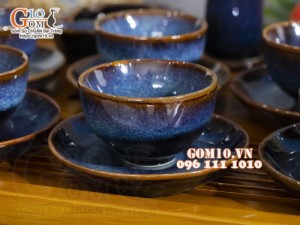 Bộ ấm chén hạt nhỏ men hỏa biến xanh đá, đầy đủ phụ kiện 350ml