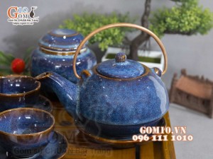 Bộ ấm chén hạt nhỏ men hỏa biến xanh đá, đầy đủ phụ kiện 350ml