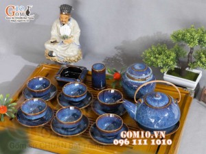 Bộ ấm chén hạt nhỏ men hỏa biến xanh đá, đầy đủ phụ kiện 350ml