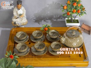 Bộ ấm chén hạt to men hỏa biến gấm vàng 400ml