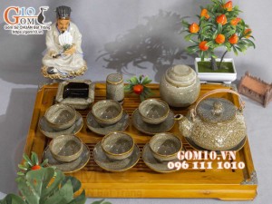 Bộ ấm chén hạt to men hỏa biến gấm vàng đầy đủ phụ kiện, 400ml