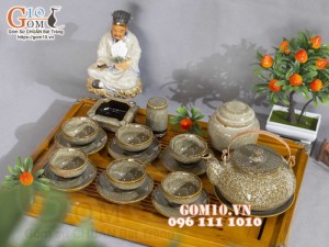 Bộ ấm chén hạt to men hỏa biến gấm vàng đầy đủ phụ kiện, 400ml