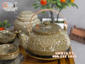 Bộ ấm chén hạt to men hỏa biến gấm vàng đầy đủ phụ kiện, 400ml