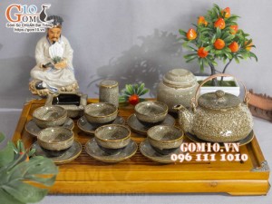 Bộ ấm chén hạt to men hỏa biến gấm vàng đầy đủ phụ kiện, 400ml