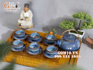 Bộ ấm chén hạt to men hỏa biến xanh đá