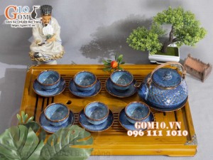 Bộ ấm chén hạt to men hỏa biến xanh đá