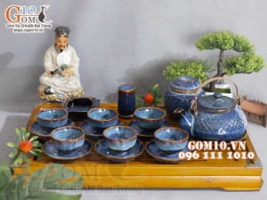 Bộ ấm chén hạt to men hỏa biến xanh đá, đầy đủ phụ kiện