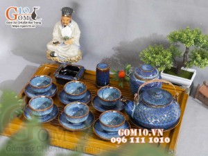 Bộ ấm chén hạt to men hỏa biến xanh đá, đầy đủ phụ kiện