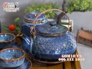 Bộ ấm chén hạt to men hỏa biến xanh đá, đầy đủ phụ kiện