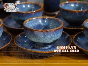 Bộ ấm chén hạt to men hỏa biến xanh đá, đầy đủ phụ kiện